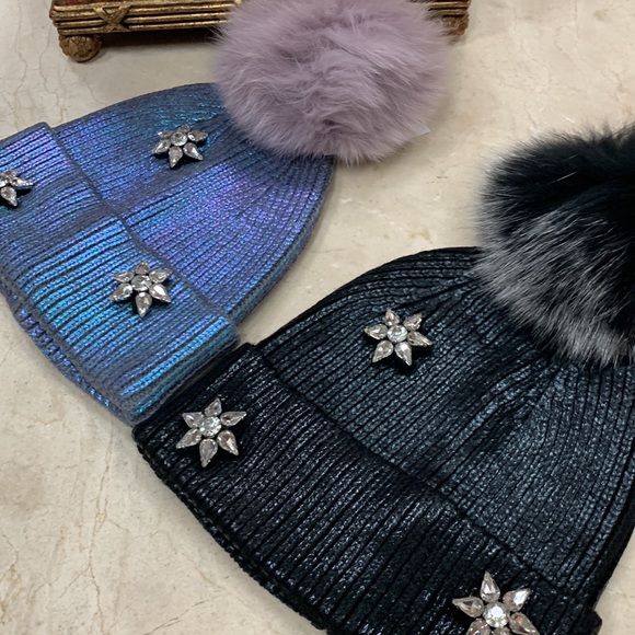 GLAMOURPUSS METALLIC KNIT HAT WITH CRYSTALS AND FOX FUR POM POM OS main image 5